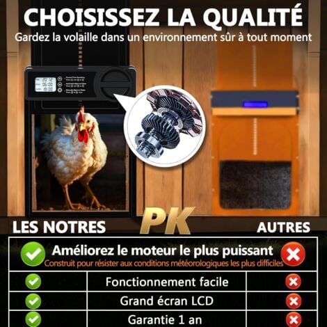 Porte automatique de poulailler avec minuterie nuit/matin programmable via application, porte automatique de poulailler en alliage d'aluminium  Écran LCD étanche  Porte de poulailler alimentée