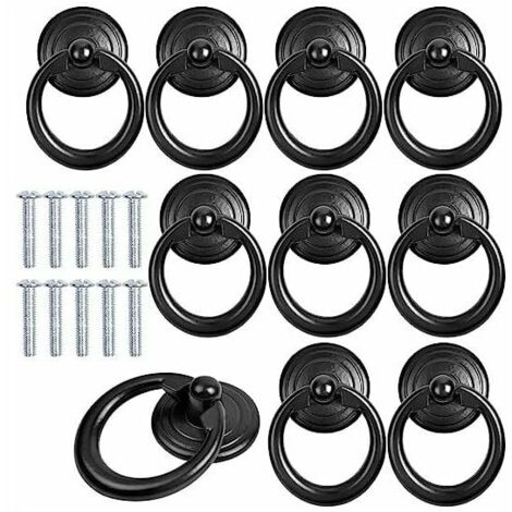 10 Pcs Noir Poignée d'Armoire Metal Bouton de Porte Tiroir Bague Poignée de Traction Classique Poignee de Meuble Rond Bouton de Meuble Poignées de Tirage avec Vis pour Armoire Placard Commode