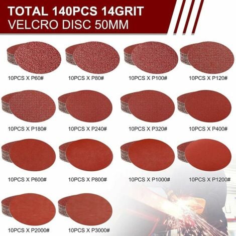 140 pièces Velcro papier abrasif 50mm 60 80 100 120 180 240 320 400 600 800 1000 1200 2000 3000 Grain, Disques Abrasifs 50 mm Set avec 1 pièce kit de tampon de roue adaptateur de tampon de polissage T