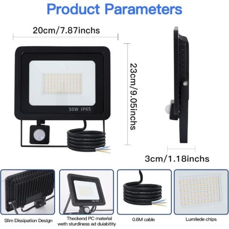 50W Projecteur LED Exterieur Avec Détecteur de Mouvement,Projecteur LED Extérieur IP65 Etanche,72 LED Spot LED Extérieur 5000LM,6500K Blanc Froid Projecteur LED Eclairage Exterieur Avec Détecteur-Noir