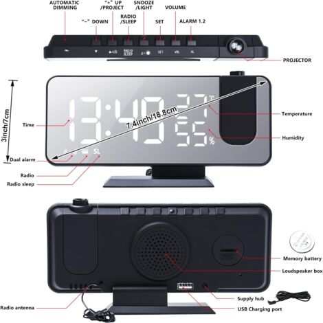 Réveil à Projection, Réveil numérique à LED avec Surface Miroir, Port de Chargement USB, Répétition, Double Alarme, Radio FM,Humidité de la température, Réglage 12 / 24H
