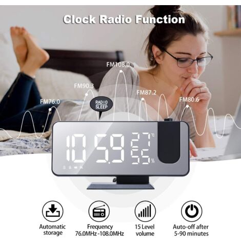 Réveil à Projection, Réveil numérique à LED avec Surface Miroir, Port de Chargement USB, Répétition, Double Alarme, Radio FM,Humidité de la température, Réglage 12 / 24H