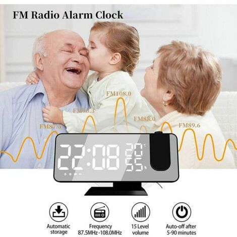 Réveil à Projection, Réveil numérique à LED avec Surface Miroir, Port de Chargement USB, Répétition, Double Alarme, Radio FM,Humidité de la température, Réglage 12 / 24H