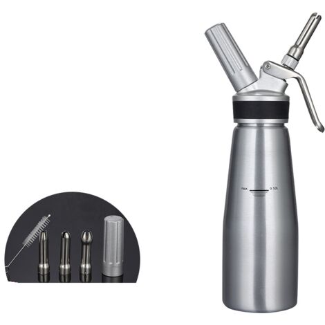 Distributeur de crème fouettée Chargeur de crème fouettée de 500 ml avec corps et tête en aluminium robuste, sans fuite, machine à crème avec 2 ensembles de buses de décoration, résistant aux fuites