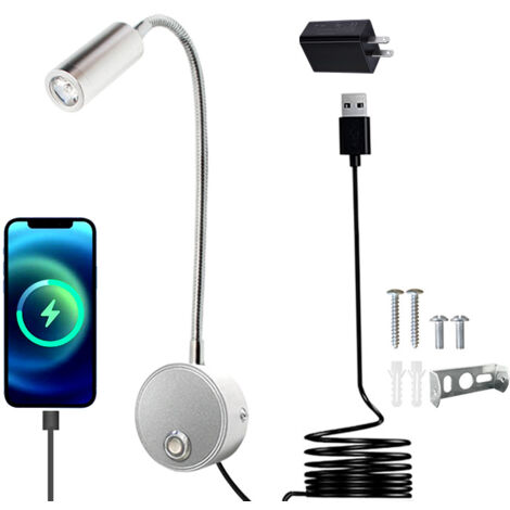 3W Lampe de chevet murale LED avec interrupteur tactile dimmable et port de charge USB,liseuse de lit pivotante à 360° avec prise et câble pour chambre, 3000-6000K,argent [Classe énergétique B]