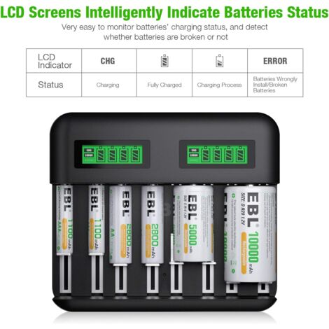 Chargeur de Piles Universel LCD, Chargeur de Piles Rechargeables pour AA/HR6, AAA/HR3, C/HR14, D/HR20 Ni-MH NiCD avec Entrée Type C Micro USB, Chargeur 9008 avec Technologie Détection de Piles