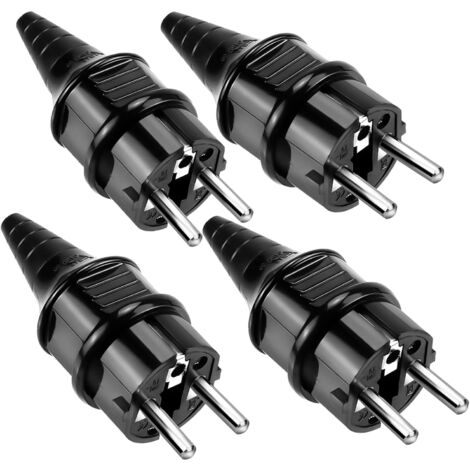 Fiches de Rechange Prises [4 Pack] Électriques Male Standard, IP44 Étanche Prises D'alimentation,Noir, 4 X Fiches Electrique de Contact de Mise à la Terre en Caoutchouc (250V/16A)
