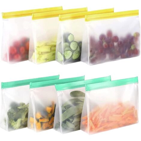Lot de 8 sacs en silicone réutilisables avec fermeture éclair et support pour aliments, congélation, sandwich, sacs de rangement PEVA pour légumes, lait, collations, viandes