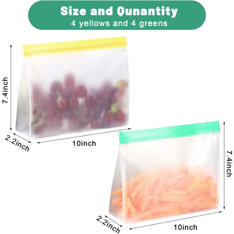 Lot de 8 sacs en silicone réutilisables avec fermeture éclair et support pour aliments, congélation, sandwich, sacs de rangement PEVA pour légumes, lait, collations, viandes