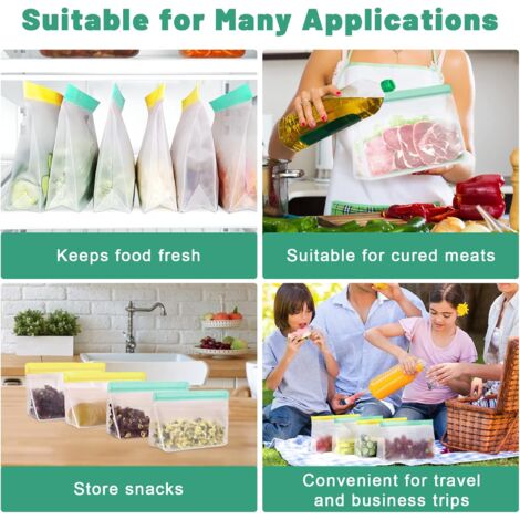 Lot de 8 sacs en silicone réutilisables avec fermeture éclair et support pour aliments, congélation, sandwich, sacs de rangement PEVA pour légumes, lait, collations, viandes