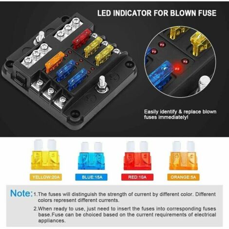 Bloc-fusibles étanche 4 × 6 voies, avec indicateur LED 12 circuits avec boîte à fusibles marine négative