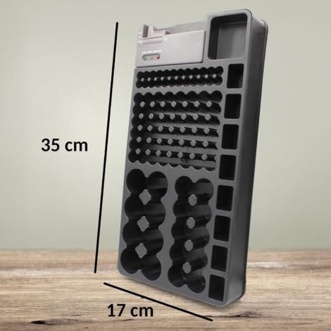 Boîte de Rangement Pour Piles - Capacité 98 Piles AA, AAA, 9V, C, D et Piles Bouton - Organisateur de Piles - Accrochable au Mur ou Tiroir - Avec Testeur de Piles Intégré - 35 x 17 CM - Noir