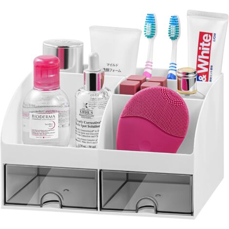 organisateur de lavabo de salle de bain avec 8 emplacements pour dentifrice et tiroirs, organisateur en plastique pour salle de bain pour coiffeuse/maquillage/bureau blanc