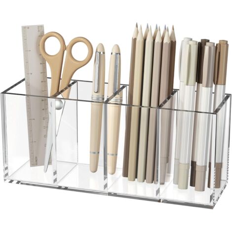 Houhence – Porte-stylo en acrylique transparent 4 compartiments – Rangement organisé pour stylos et accessoires de bureau – Bords polis pour un décor moderne