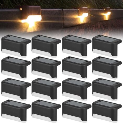 Lot de 16 lampes solaires de terrasse, lampes solaires pour clôture, extérieur, lampes LED étanches à énergie solaire pour escaliers, marche, balustrade, mur, cour, patio, jardin