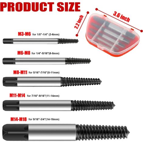 5 Pièces Extracteur de Vis Cassée, M3-M18 Tourne Gauche Extracteur avec Boîte Rangement Kit Embout Arrache Goujons Acier Screw Extractor Set Enlever Vis Bloquées Coincées