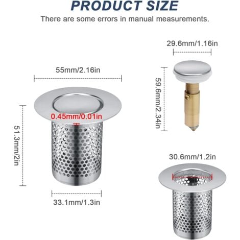 2 Pièces Filtre à Evier en Acier Inoxydable Cuisine, 33 × 51.3 mm Grille Douche, Bonde Evier Pop-Up en Noyau en Laiton, pour Cuisine, Salle de Bain, Baignoire