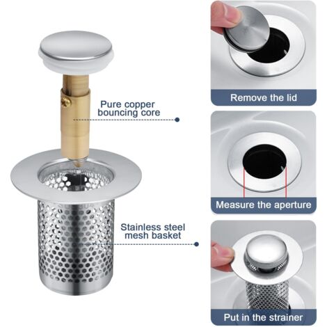 2 Pièces Filtre à Evier en Acier Inoxydable Cuisine, 33 × 51.3 mm Grille Douche, Bonde Evier Pop-Up en Noyau en Laiton, pour Cuisine, Salle de Bain, Baignoire