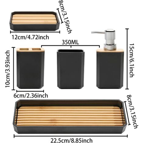 Accessoire Salle Bain Bambou Set Salle De Bain 4 Pièces Céramique Et Bambou - Distributeur Savon, Porte-savon, Gobelet Et Support Brosse à Dents Accessoires Céramique Bambou