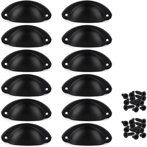 Lot de 12 Poignées de Tiroir Vintage, Poignées de Meubles Traditionnelles en Demi Lune, Poignées de Coquille pour Placard, Armoire, Commode, Noir, Vis incluses