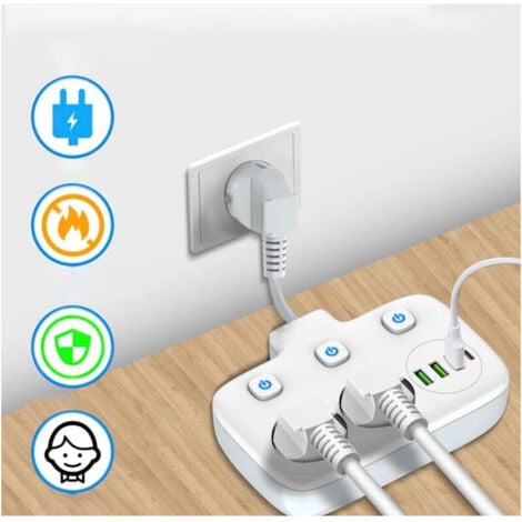 Multiprise à interrupteur unique 2 compartiments, multiprise avec 3 interrupteurs, double fiche murale avec 4 USB,adaptateur de prise avec protection contre les surtensions, sécurité enfant