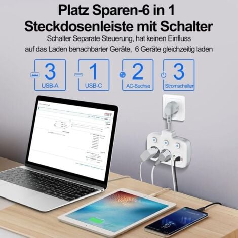 Multiprise à interrupteur unique 2 compartiments, multiprise avec 3 interrupteurs, double fiche murale avec 4 USB,adaptateur de prise avec protection contre les surtensions, sécurité enfant