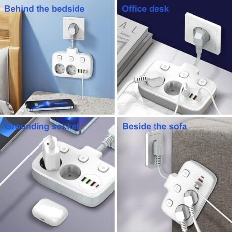 Multiprise à interrupteur unique 2 compartiments, multiprise avec 3 interrupteurs, double fiche murale avec 4 USB,adaptateur de prise avec protection contre les surtensions, sécurité enfant