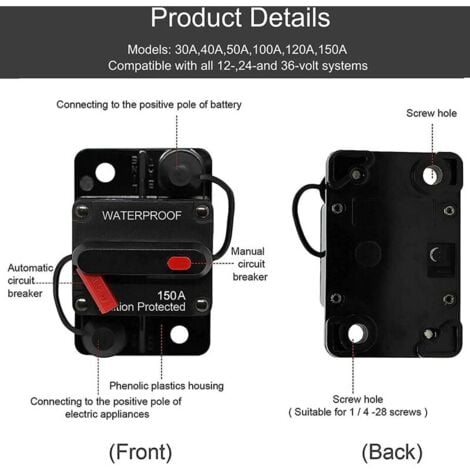 Disjoncteur de Voiture 150A, DC 12V - 48V Disjoncteur Étanche avec Réinitialisation Manuelle pour Moteur Auto Voiture Marine Bateau Vélo Stéréo Audio