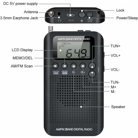 Radio Portable Mini Radio de Poche avec Haut-Parleur FM/AM Numérique Stéréo DSP Récepteur avec Réveil et Minuterie pour Maison et l'extérieur Marche Radio Personnel avec Ecouteurs（100x60x15mm）