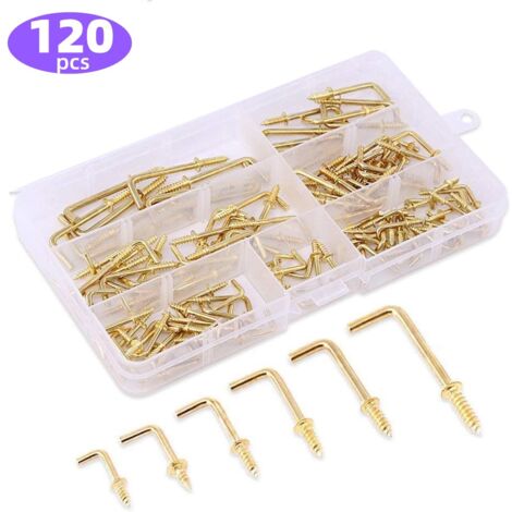 120 pcs 6 tailles crochet a visser en métal Laiton plaqué or carré Bend Crochets kit, Doré carré Bend Crochets Vis à tôle Crochets pour Home/lieu de travail/bureau
