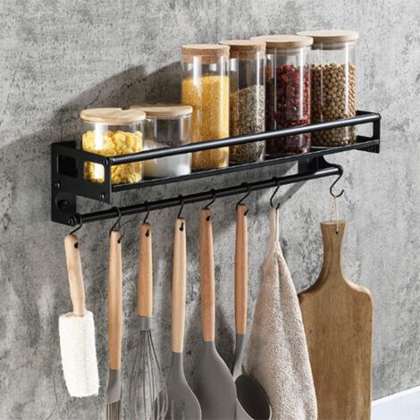 Acier inoxydable Porte Ustensiles Cuisine avec 8 Crochets, Adhésif/Perçage 2 Façons D'installer Support Rangement Ustensiles Cuisine,40cm Mural Ustensiles Cuisine Organiseur Rack, Noir