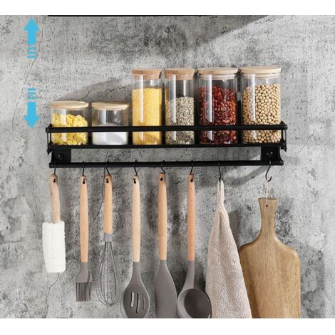 Acier inoxydable Porte Ustensiles Cuisine avec 8 Crochets, Adhésif/Perçage 2 Façons D'installer Support Rangement Ustensiles Cuisine,40cm Mural Ustensiles Cuisine Organiseur Rack, Noir