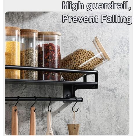 Acier inoxydable Porte Ustensiles Cuisine avec 8 Crochets, Adhésif/Perçage 2 Façons D'installer Support Rangement Ustensiles Cuisine,40cm Mural Ustensiles Cuisine Organiseur Rack, Noir