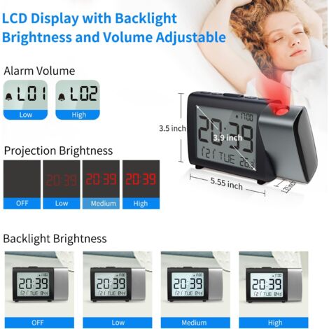 Horloge à Projection numérique: Affichage LCD Clair avec température Date 12/24H et luminosité réglable, Réveil de Bureau à Piles Facile à régler pour Enfants Adultes et la Chambre à Coucher