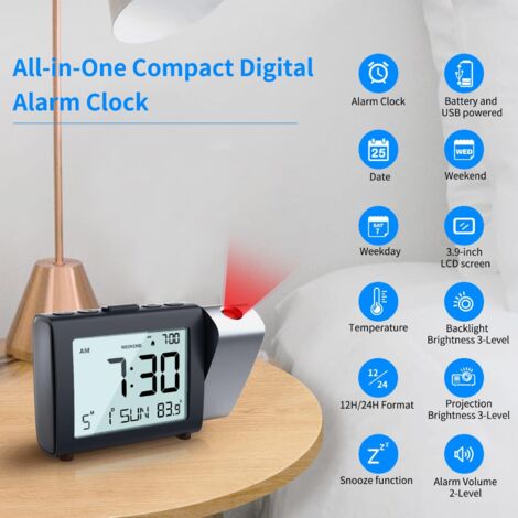 Horloge à Projection numérique: Affichage LCD Clair avec température Date 12/24H et luminosité réglable, Réveil de Bureau à Piles Facile à régler pour Enfants Adultes et la Chambre à Coucher