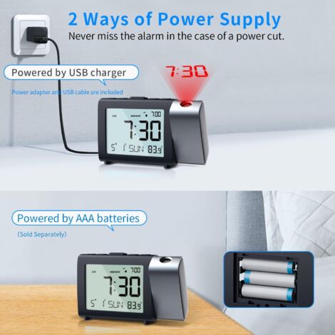 Horloge à Projection numérique: Affichage LCD Clair avec température Date 12/24H et luminosité réglable, Réveil de Bureau à Piles Facile à régler pour Enfants Adultes et la Chambre à Coucher