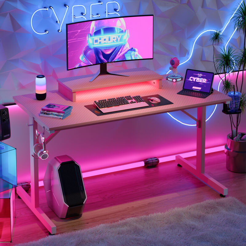Bureau Gaming LED 120x60x75 Cm - Structure En Y, éclairage RGB 384 Modes, Porte-gobelet Et Support Casque, Rose - 4