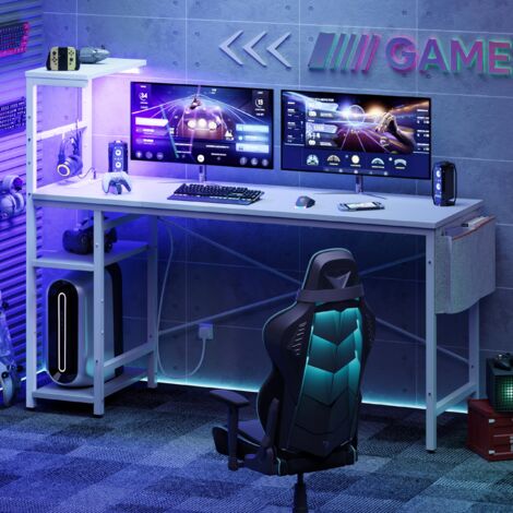 Bureau Informatique 155,5 Cm Avec LED Réglable, Prises USB, Tiroirs Et Support écran - Effet Bois Naturel/blanc