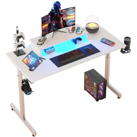 Bureau gamer LED 106 cm – Support moniteur avec éclairage RGB – Structure acier T pour stabilité – Porte-gobelet et crochets inclus