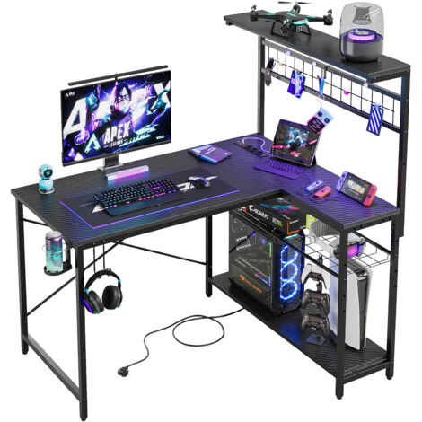 Bureau d'angle en L 106,6/130 cm – 3 prises + 2 ports USB – Éclairage LED RGB – Étagères réversibles pour bureau à domicile