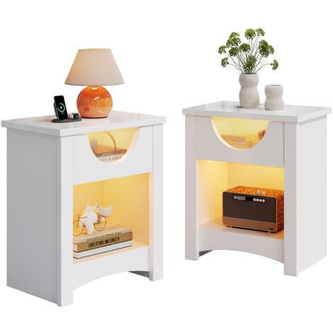 Bestier – Ensemble de deux tables de chevet – Panneaux de particules blanc éclatant – Avec tiroirs coulissants et étagères – Dimensions : 30 cm de large x 48 cm de profondeur x 60 cm de hauteur (1/4)