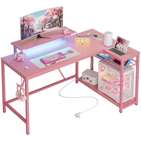 Bureau d'angle Bestier en forme de L, 132 x 82 x 91 cm, bureau d'ordinateur rabattable avec étagères et crochets, bureau compact pour la maison (fibre de carbone rose 3D). Visitez la boutique Bestier.