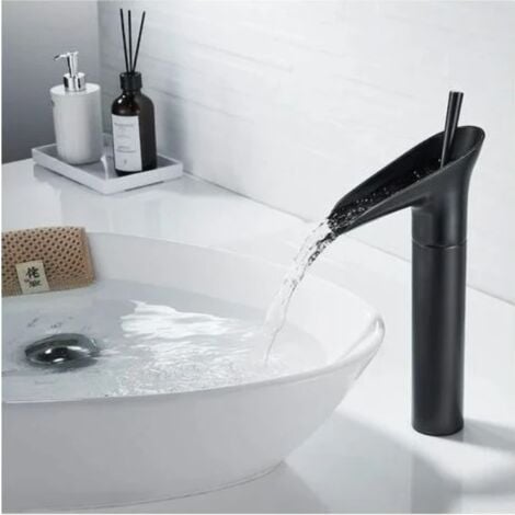 Wasserhahn Bad Schwarz, Aufgerüstet Wasserfall Waschtischarmatur für Badezimmer, Einhandmischer Armatur Waschbecken aus Messing, Mischbatterie Schwarz Matt