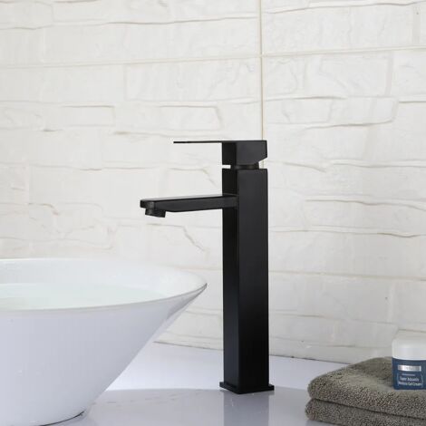 Schwarzer Badezimmer-Wasserhahn, quadratischer Waschtischmischer, Warm- und Kaltwasserhahn, Badezimmermischer aus Edelstahl (mit 60 cm Einlassschlauch)