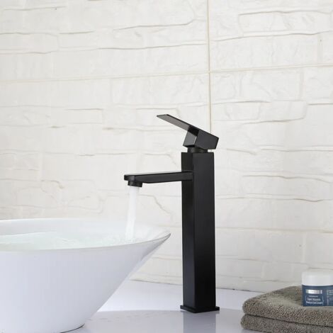 Schwarzer Badezimmer-Wasserhahn, quadratischer Waschtischmischer, Warm- und Kaltwasserhahn, Badezimmermischer aus Edelstahl (mit 60 cm Einlassschlauch)