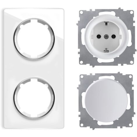 Plaque de finition 2 postes Garda, vertical + 1 Interrupteur simple allumage + 1 Prise avec terre - blanc