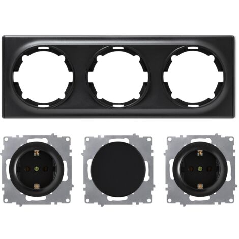 Plaque de finition 3 postes Florence + 2 Prises avec terre + 1 Interrupteur simple - noir