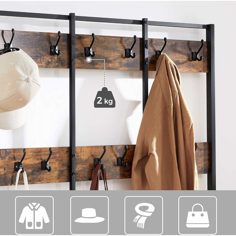 Hat and Coat Stand with 12 Hooks and Shoe Bench in Industrial Design VASAGLE Large Coat Rack Office Bedroom Sturdy Iron Frame HSR86BX Multifunctional Hallway Shelf