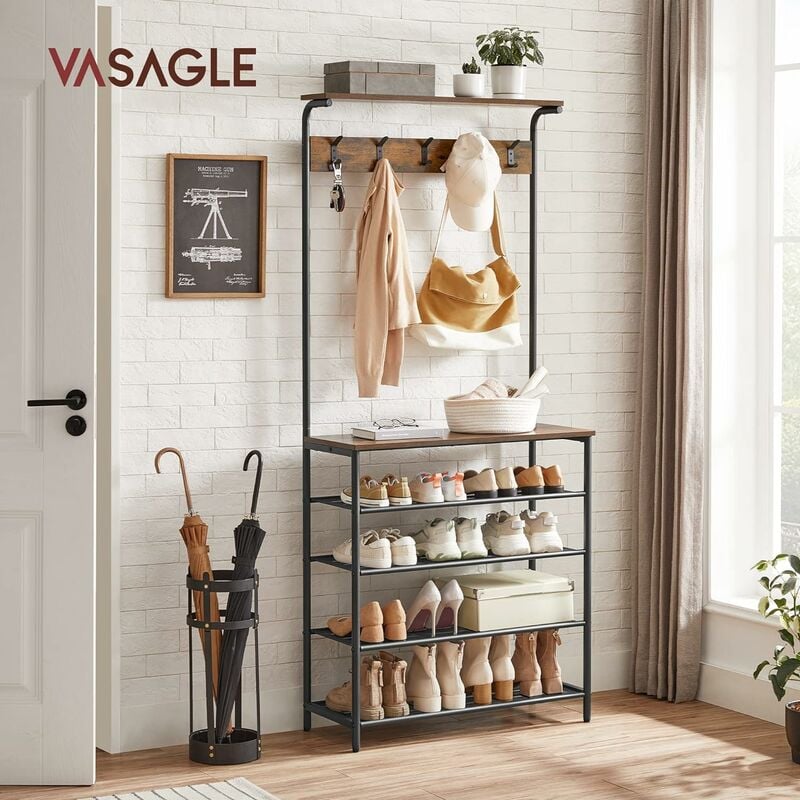 VASAGLE Clothes Rack, Hallway Tree with Shoe Storage, 5 Tier Shoe Rack,  Different Height, 5 Double Hooks, Top Shelf, Dormitory in the Corridor  Industrial Rustic Brown and Black HSR408B01