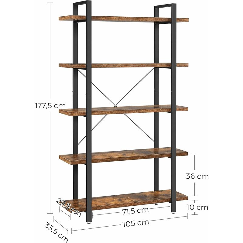 Vasagle Bookshelf 5 Layer Industrial, Easy To Assemble Bookcase